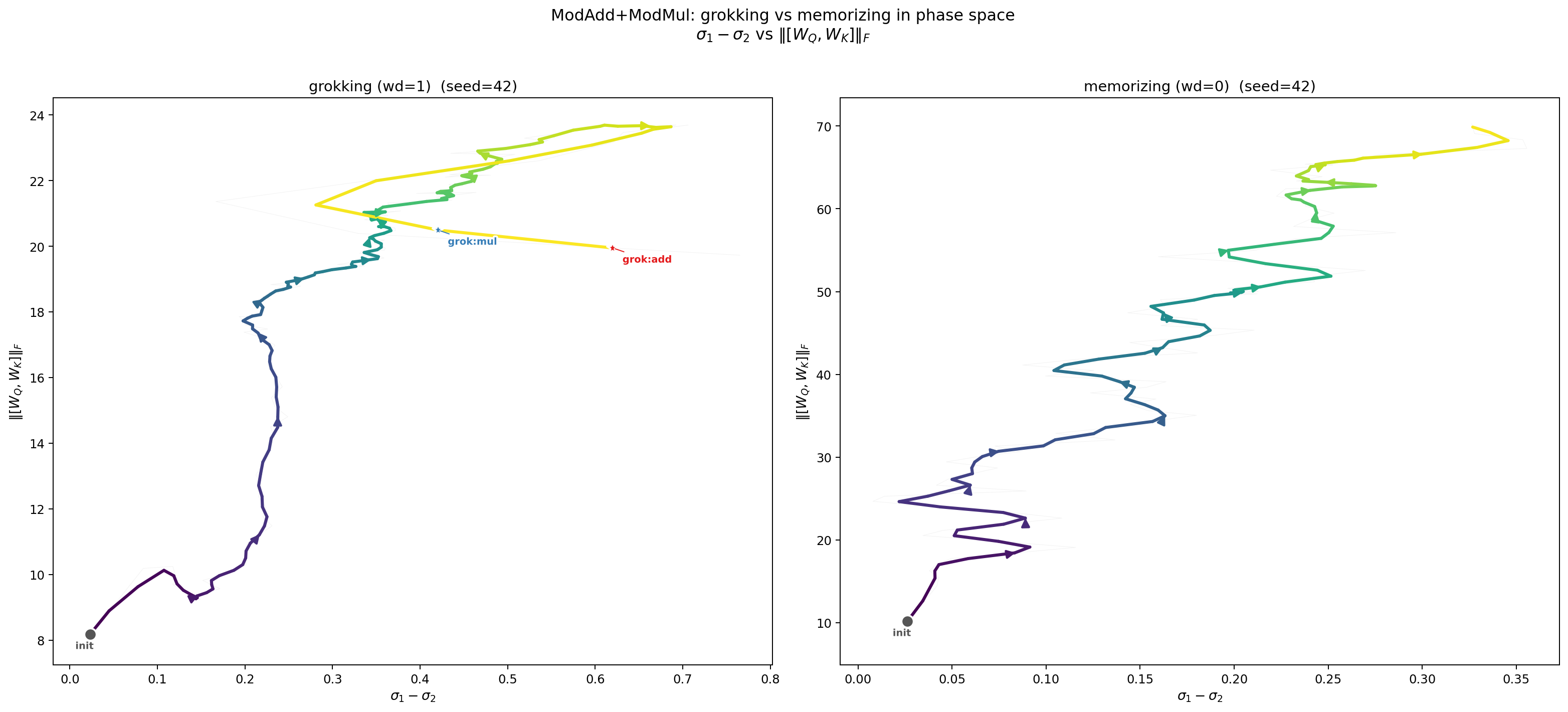 Phase space comparison: grokking (wd=1) vs memorizing (wd=0)
